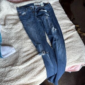 Hollister Women's Distressed Skinny Jeans - Dark Blue